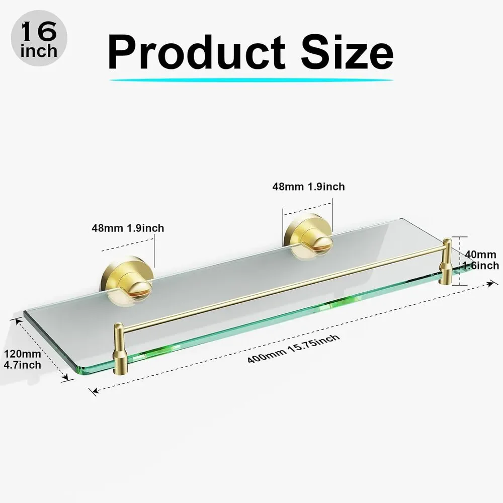 Open Box, Brushed Gold Glass Floating Bathroom Wall Shelf with Railing 16